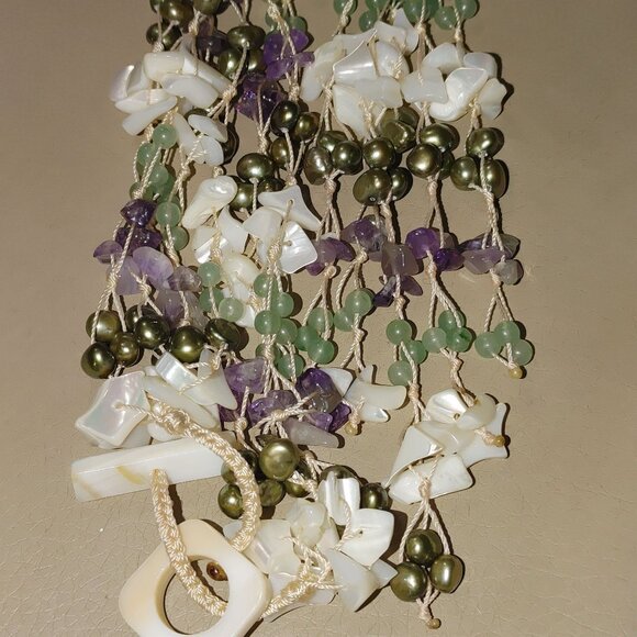Vintage Floral Flower Necklace Gemstone MOP Shell Aventurine Pearl Amethyst - Picture 9 of 16